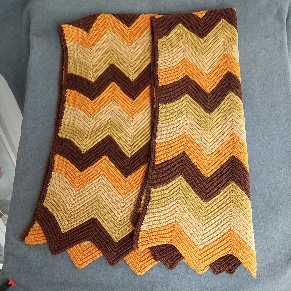 Handmade Crochet Chevron Afghan Blanket Retro 70s Earth Tones Orange Brown